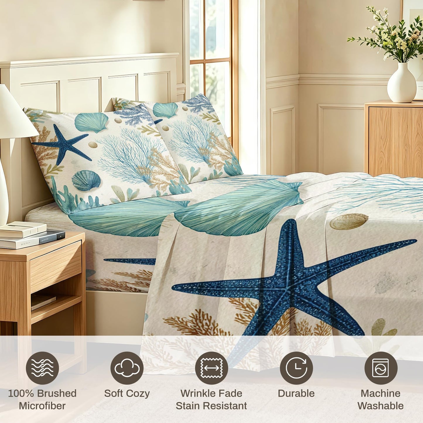 Seashell Coral Queen Sheet Set 4 Pcs Coastal Bed Sheets