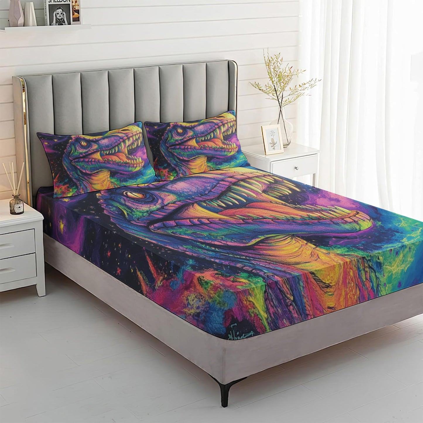Rejkxyw King Size Sheets Set Cartoon Dino - Dinosaur Bed Sheets - Jurassic Sheet Set - 12 Inch Deep Pocket - Ultra Soft Winkle Free Microfiber Bedding Sheets & Pillowcases 4 Piece