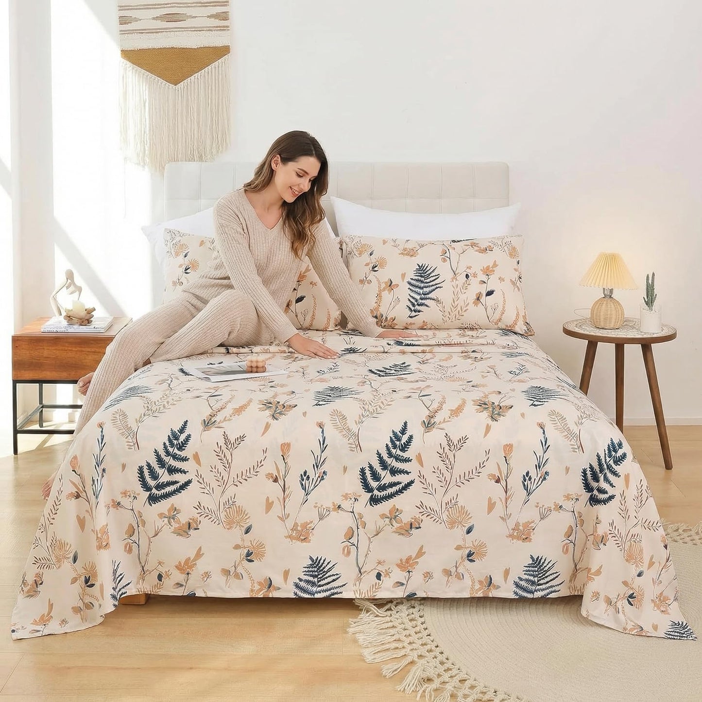 JSD Boho Floral Printed Sheet Set King Size, 4 Piece, Soft Botanical Pattern Microfiber Sheets Extra Deep Pocket