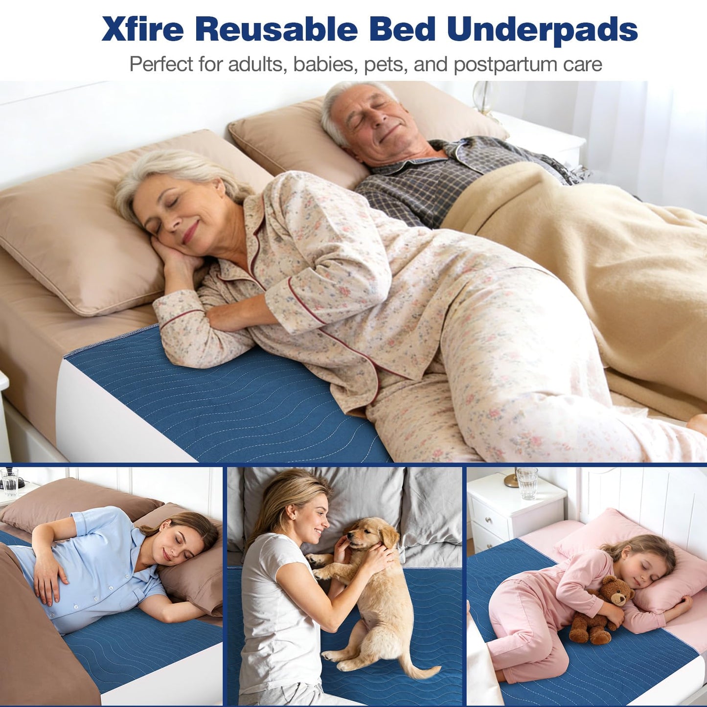 Xfire Bed Pads Washable Waterproof, Heavy Absorbency Reusable Bed Underpads with Tuckable Wings, Incontinence Bed Pads for Adults and Kids, Mattress Protector, Fits Twin/Twin XL Size Bed (Navy)