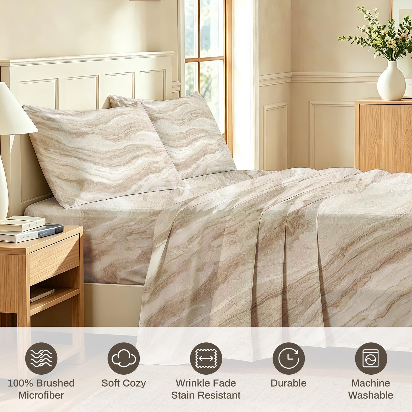 Marble Sheet Set, 4 Pcs Full Size Modern Bed Sheets, Beige