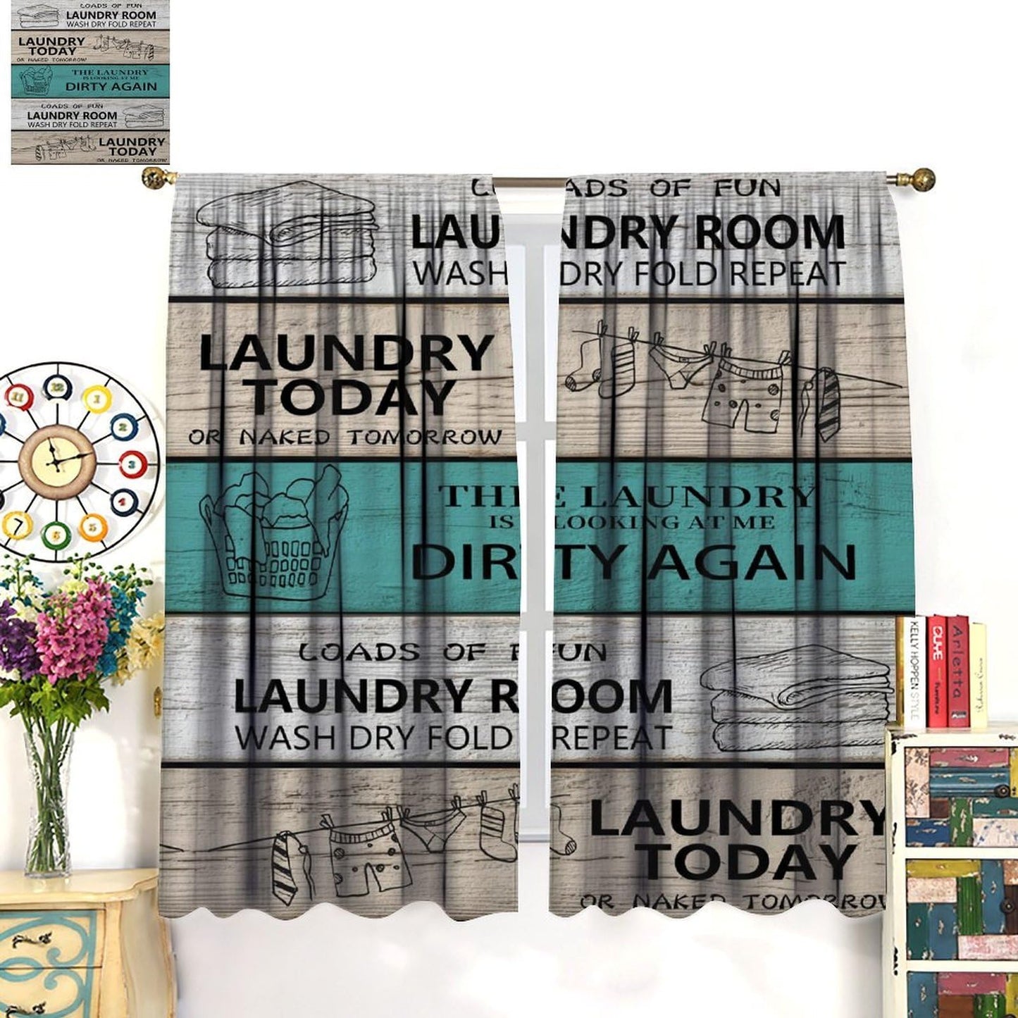 TYVGICZ Laundry Kitchen Curtain Rustic Wash Dry Words Wooden Teal Brown Funny Fun Small Short Window Treatment Tiers for Bedroom Living Room Bathroom Rod Pocket Drapes, 42x45 Inch