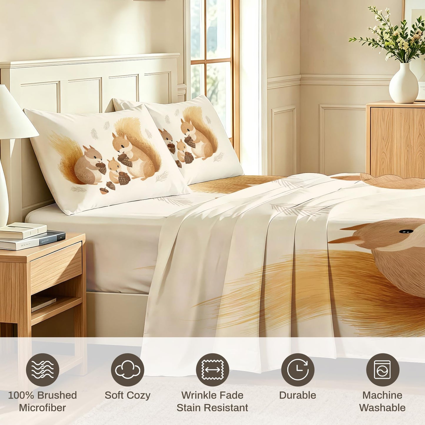 Squirrel Twin Bedding Set Cute Animal Sheet Sets, Beige Brown