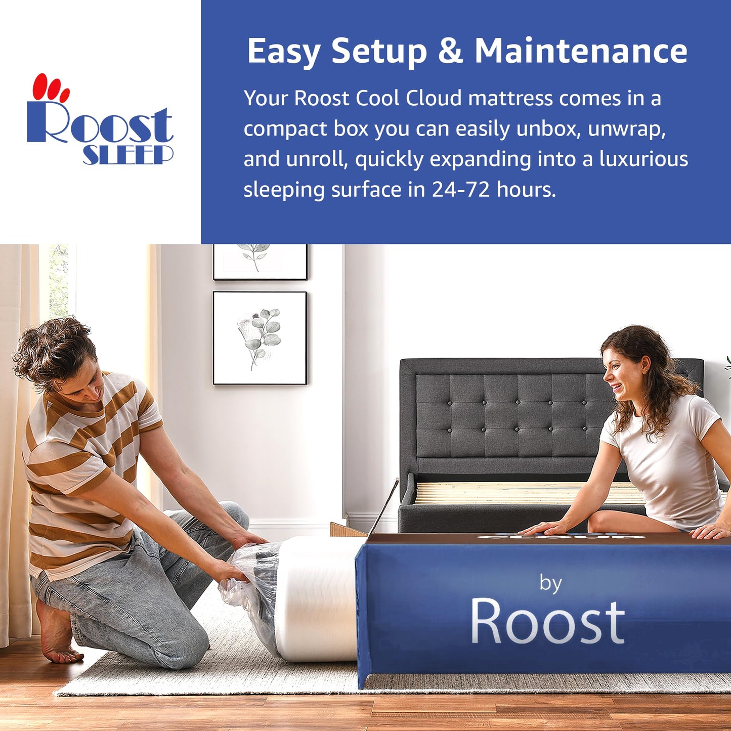 Roost Sleep Cool Cloud 14-Inch King Mattress, Gel Memory Foam for Back Pain Relief & Cool Sleep, Medium Plush, CertiPUR-US Certified, Made in USA, Bed in a Box