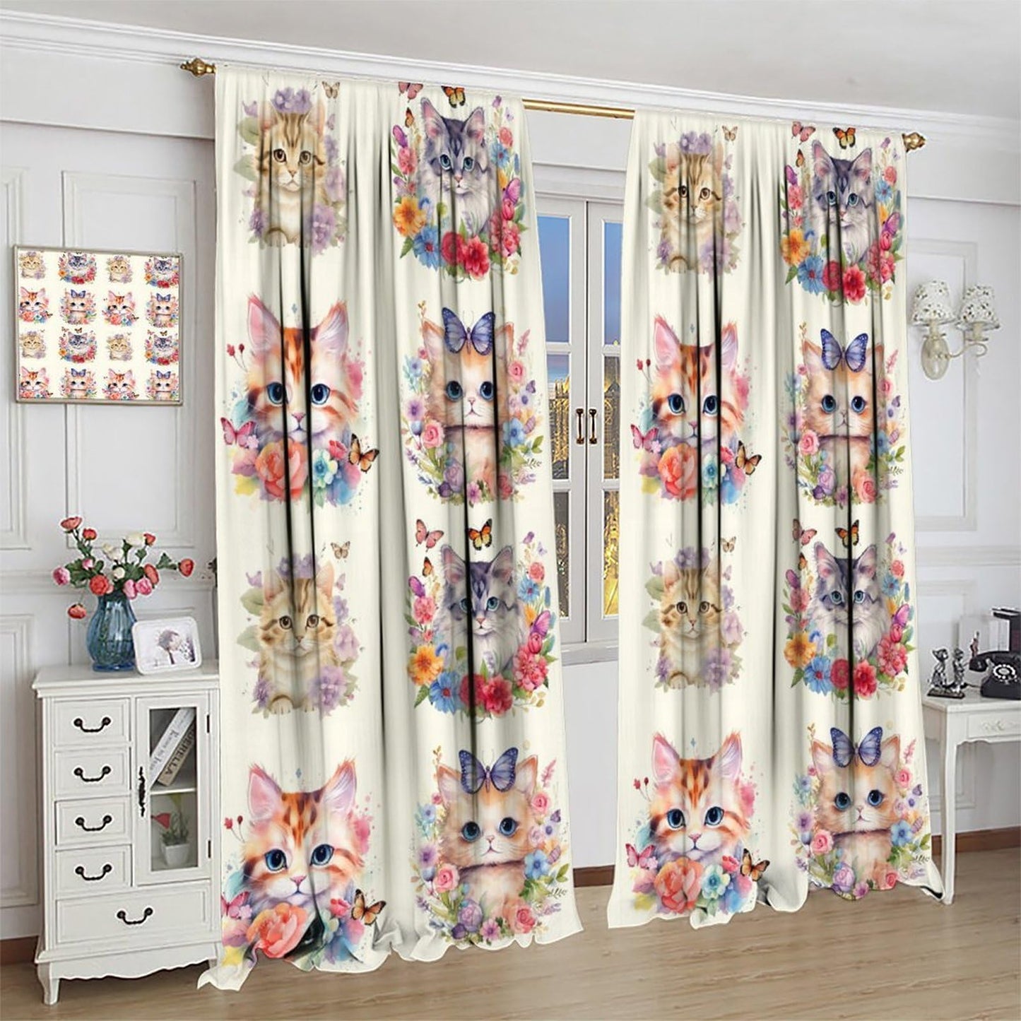 VUMIVI Watercolor Flower Cat Curtains Colorful Cartoon Cute Animals Butterflies Abstract Art Print Rod Pocket Window Treatments for Kids Boys Girls Bedroom Kitchen Living Dining Cafe 42" W X 44.5" L