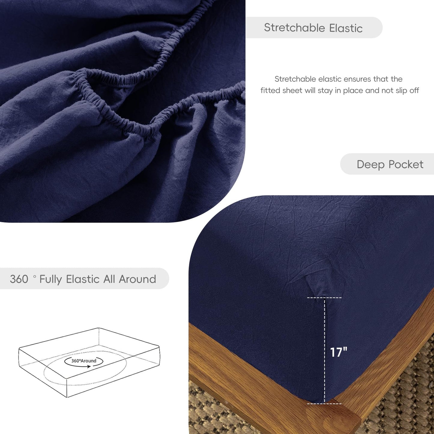 MooMee Fitted Bottom Sheet Only 100% Washed Cotton Linen Like Textured Breathable Durable Soft Comfy Deep Pocket Fits Mattress up to 17" (Dark Blue, Queen)
