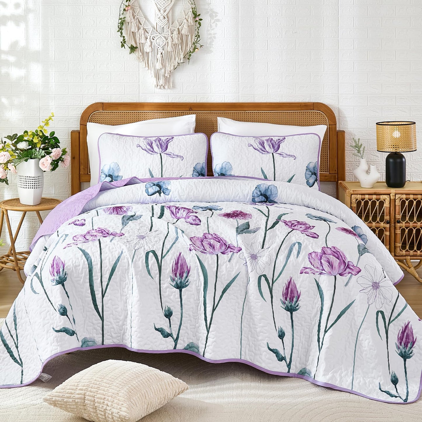 WONGS BEDDING Purple Queen Quilt Set, 3 Pieces Light Purple Floral Bedspread Coverlet Set, Lightweight Spring Farmhouse Cute Botanical Quilts Bedding Set (96"x90")