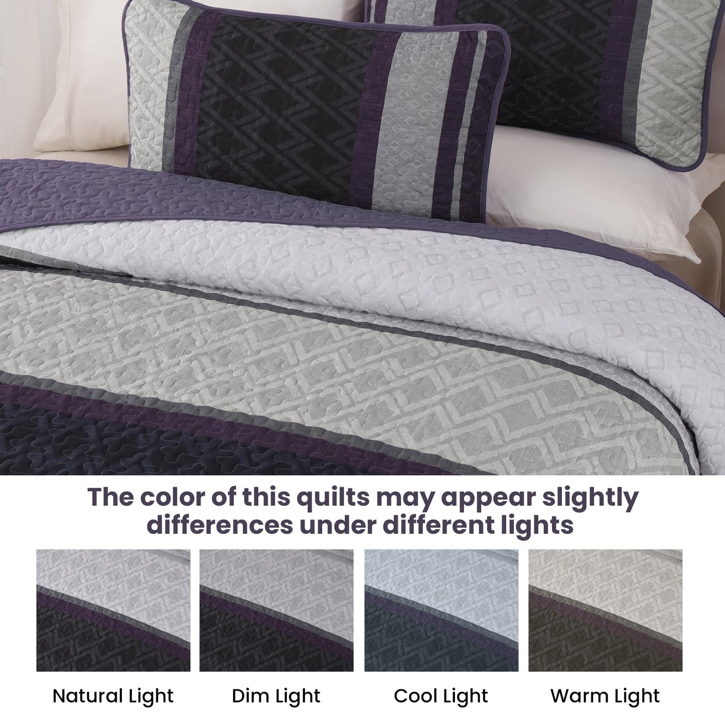 Dinjoy Queen Quilt Set Purple,Striped Bedspread Queen Size, Fall Bedding Sets 3 Pieces Micofiber Lightweight Quilts with 2 Pillow Shams Coverlet Bed Sets for Women Men 96''x90''