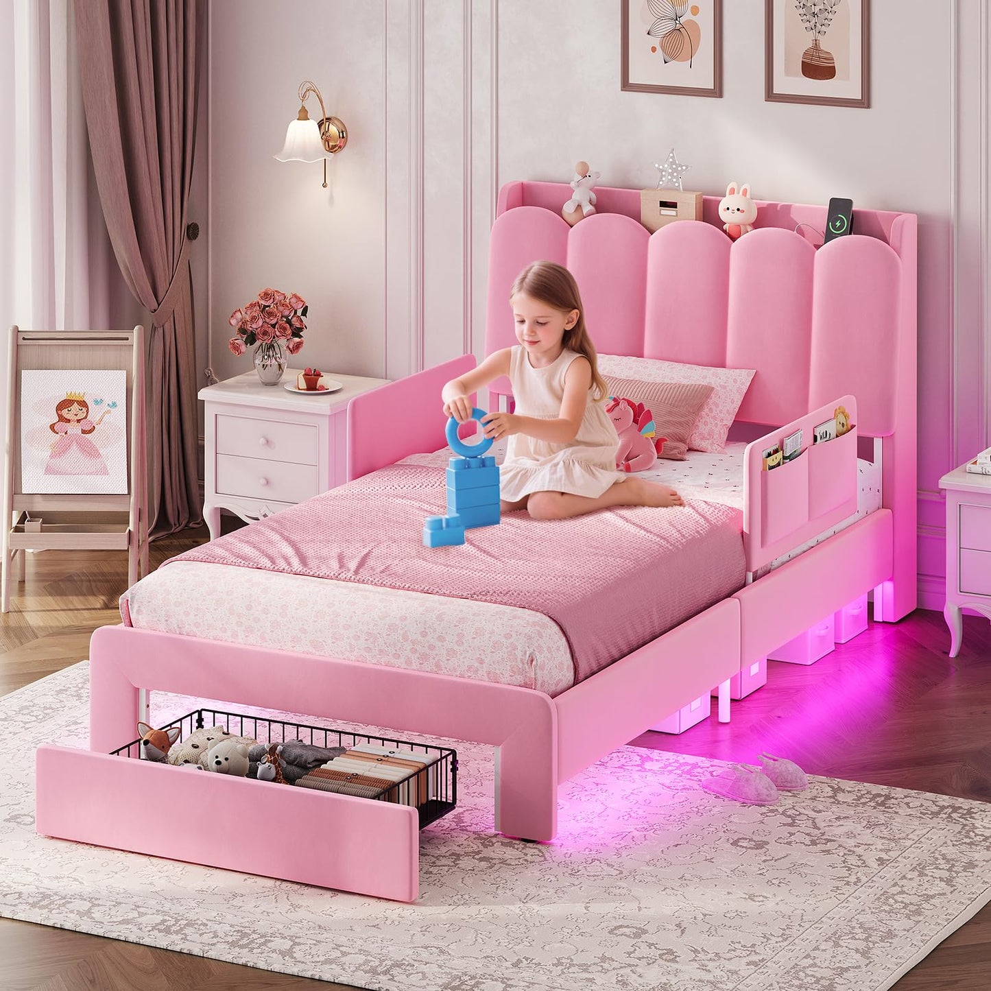 DICTAC Twin Size Princess Bed Frame with Storage Drawer and Safety Guardrails, LED Velvet Upholstered Platform Bed for Girls with Wavy Storage Headboard,Charging Station,Heavy Duty Metal Support, Pink