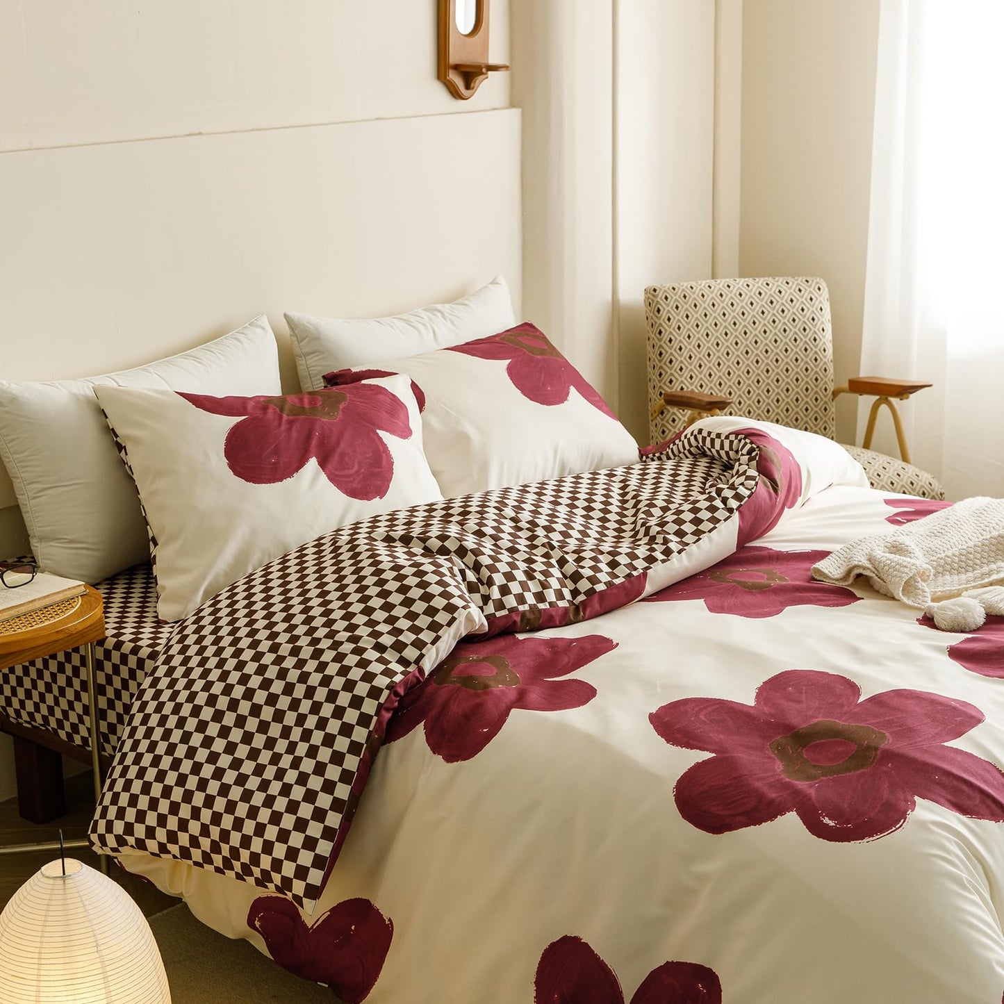 CLOTHKNOW Burgundy Sunflower Queen Comforter Set Floral Bedding Comforter Sets Brown Plaid Queen Comforter Soft All Season