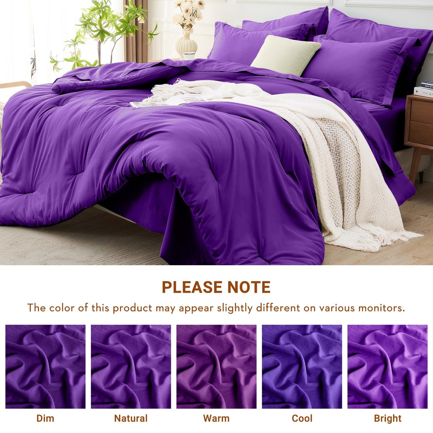MUXHOMO 7 Pieces King Comforter Set, Soft Bed in a Bag King Size, All Season Bedding Set with Comforter, Flat Sheet, Fitted Sheet, Pillowcases & Shams, Purple
