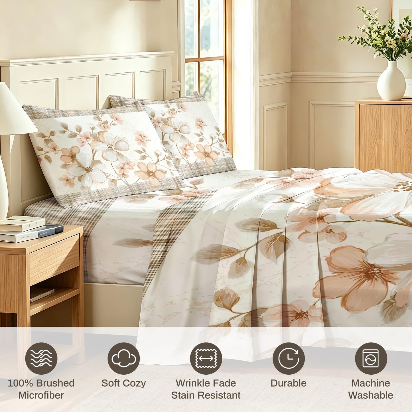 Plaid and Floral Full Sheet Set Farmhouse Flat Fitted Sheet Sets