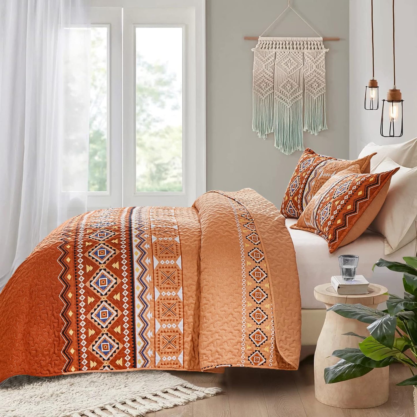 WONGS BEDDING 3 Pieces Quilt Set California King, Burnt Orange/Rust Thanksgiving Quilt Bedspread Bohemian Coverlet Set with 2 Pillowcase, Fall Soft Thanksgiving Bedding Set All Season 106"×96"