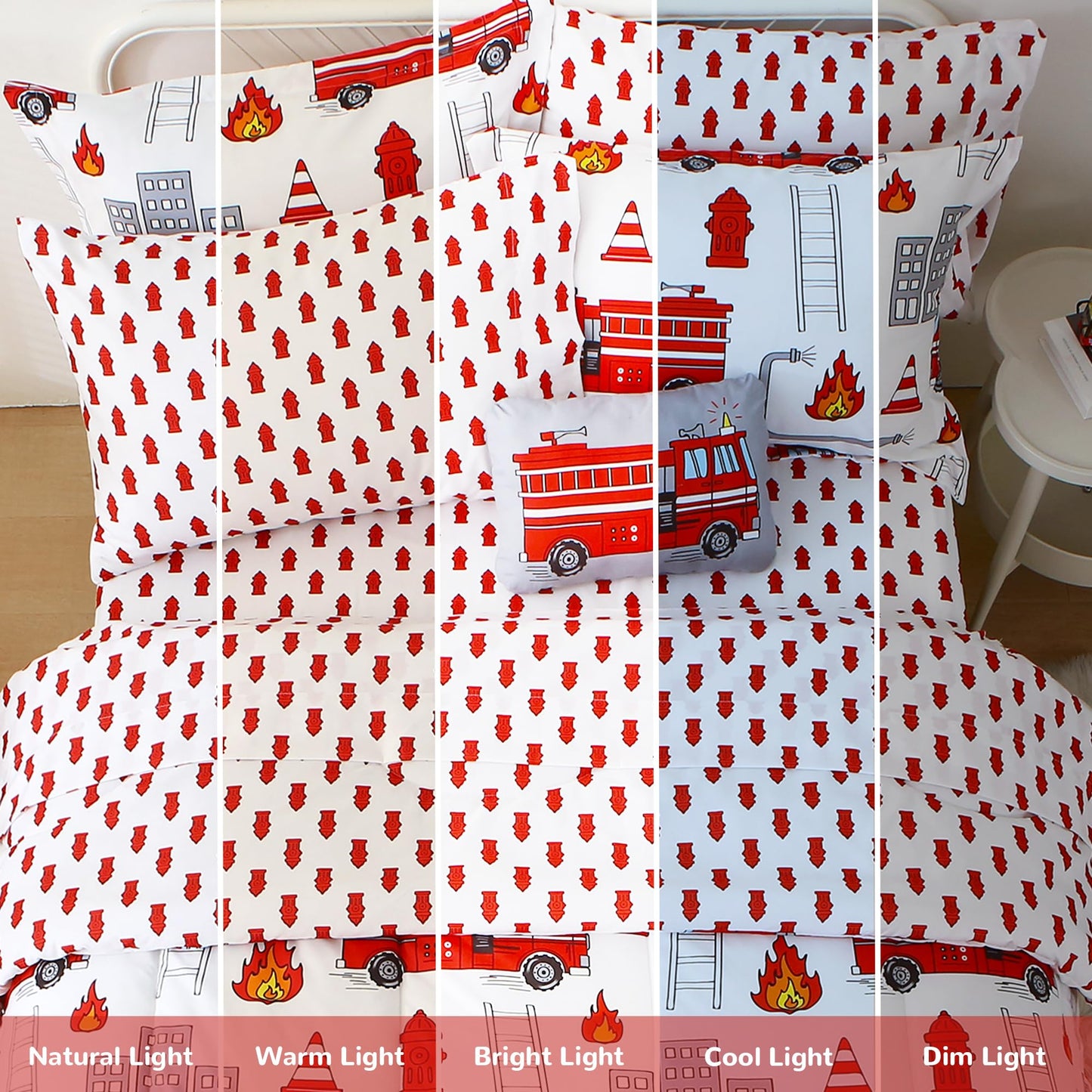 Mooreeke Kids Twin Comforter Sets for Boys 6 Pieces Fire Truck White Bedding Set for Teens Soft Microfiber Kids Bed in A Bag with Comforter, Sheet Set, Shams and Decorative Toy Pillow All Season