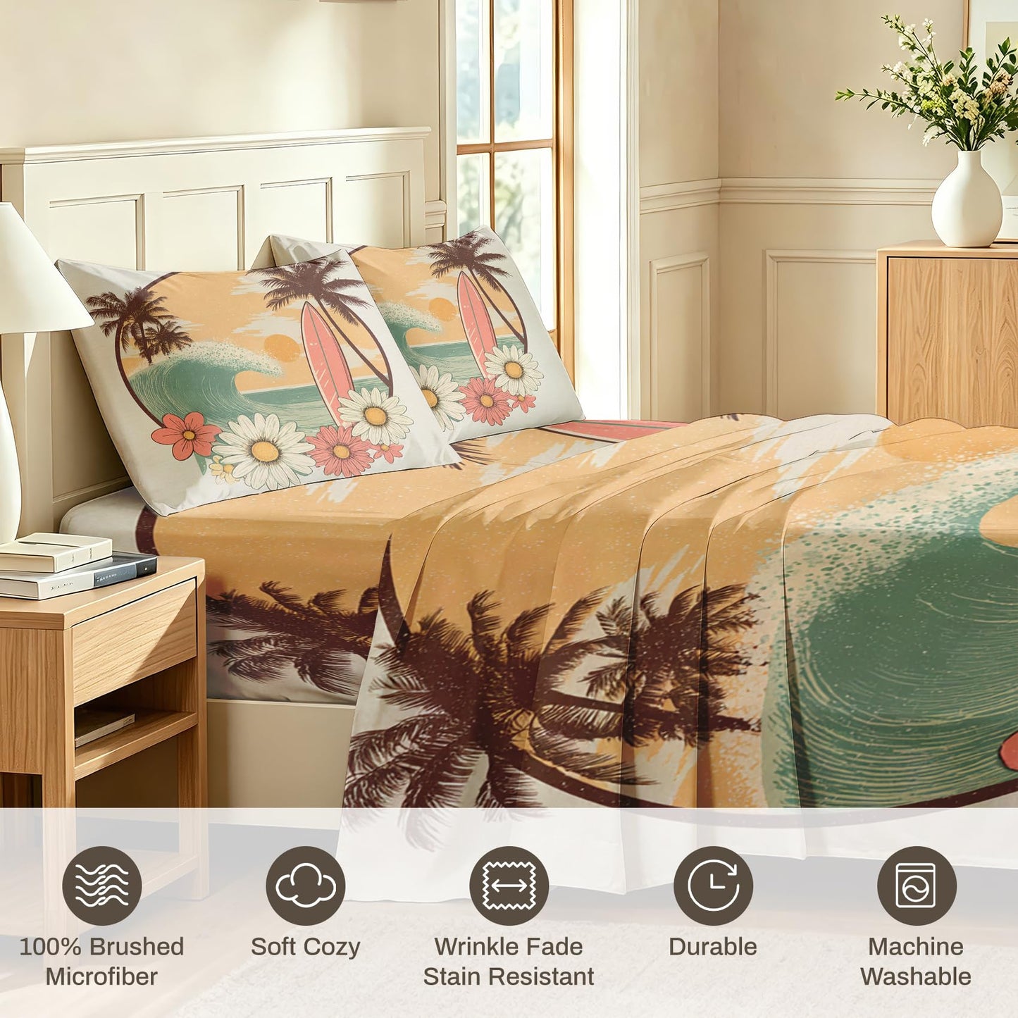 Tropical Beach Sheet Set, 4 Pcs Full Size Surfing Themed Bed Sheets