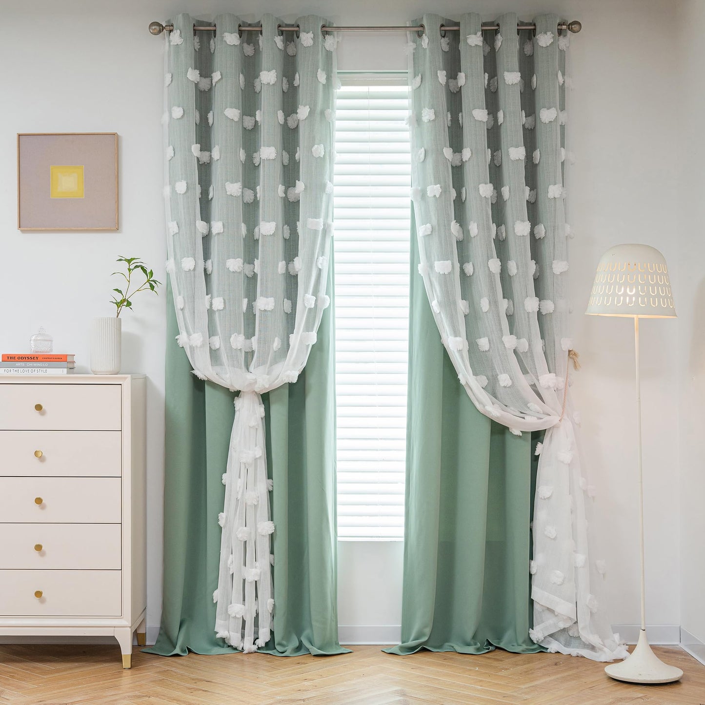 MYSKY HOME Aqua Living Room Curtains Kids Curtains for Boys Bedroom 84 Inches Long Double Layer Curtains for Kids Room Darkening Grommet White Pom Pom Sheer Blackout Curtains 52 x 84 Inch 2 Panels