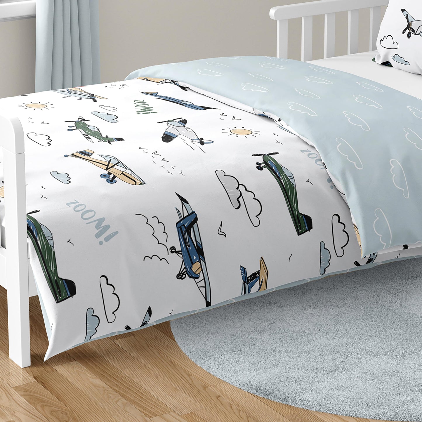 Sweet Jojo Designs Vintage Airplane Boy Toddler Bedding Set Kids Children 5pc Bed in a Bag with Comforter Blanket Pillowcase Sham and Sheets Grey Green Blue White Yellow Transportation Clouds Sun Sky