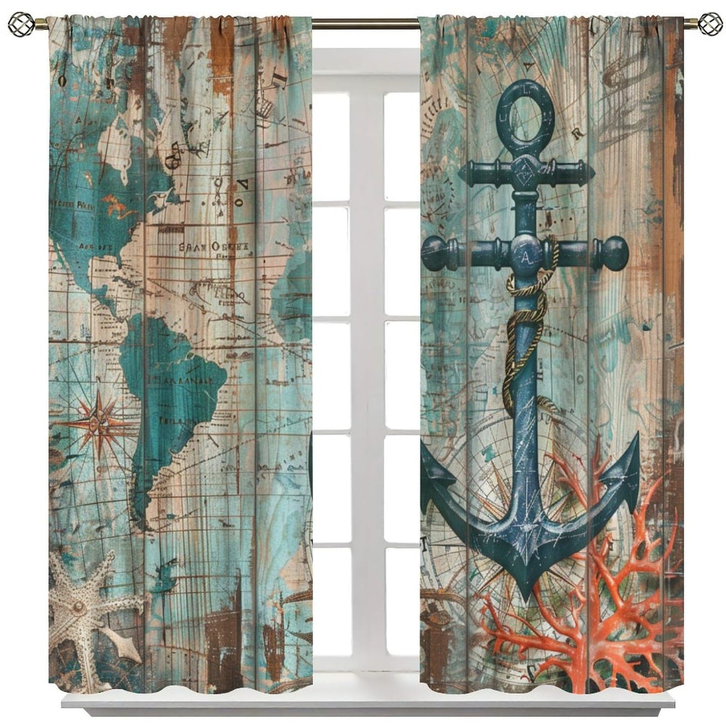 TOWINSFB Blue Nautical Map Anchor Blackout Curtains for Bedroom Living Room, Retro Plank Starfish Marine Life Coral Thermal Insulated Room Darkening Curtain- 2 Panels, Each 63" L x 21" W