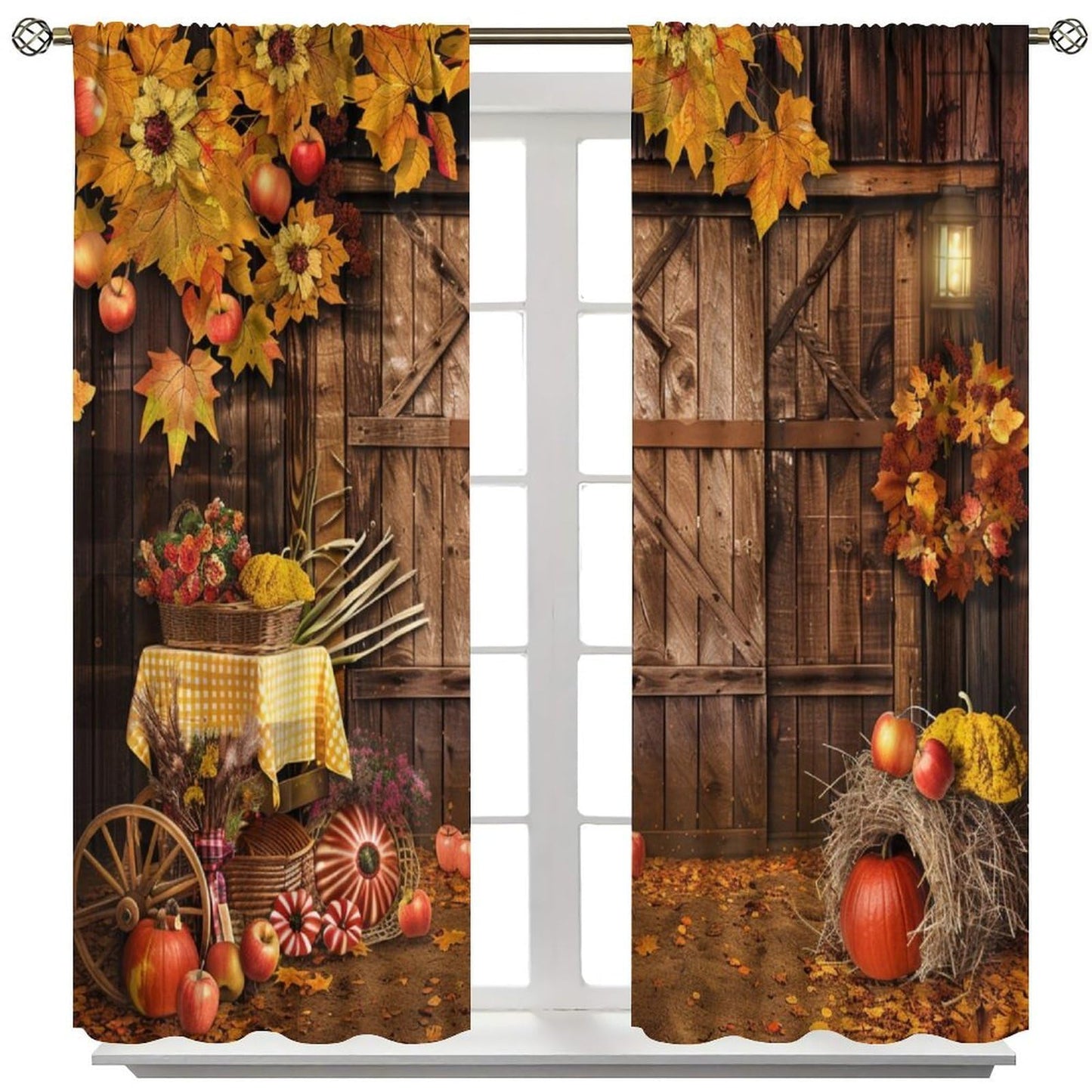 Nanacur Thanksgiving Curtains, Fall Rustic Vintage Farmhouse Barn Wooden Door Print Rod Pocket Window Treatments Drapes for Kitchen Bedroom Living Room 41" W X 45" L (No Blackout)