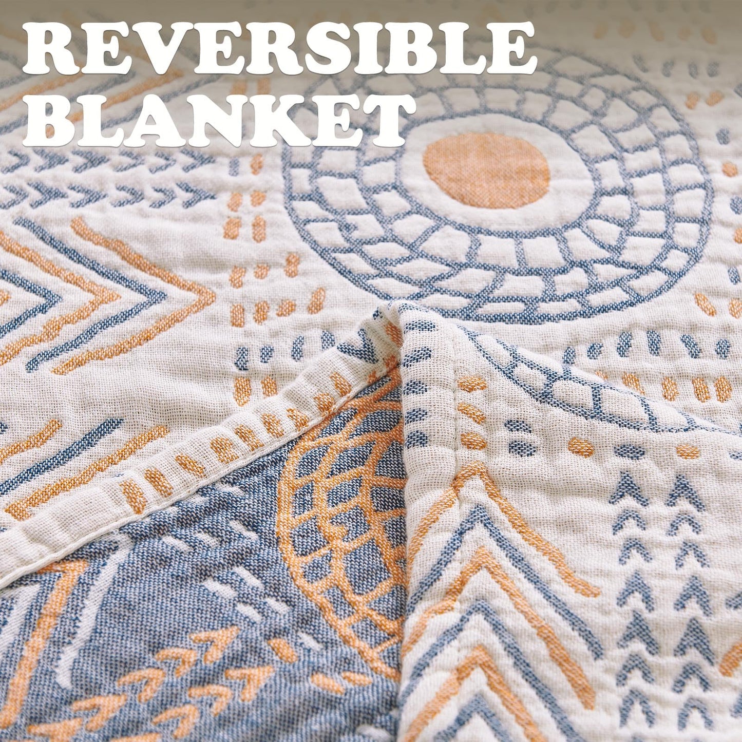 jinchan Boho 100% Cotton Muslin Twin Size 60x80 Throw Blanket Lightweight 4-Layer Orange Reversible Blanket Washable Breathable Geometric Striped Pattern Soft Comfy for Couch Bed Decor All Seasons
