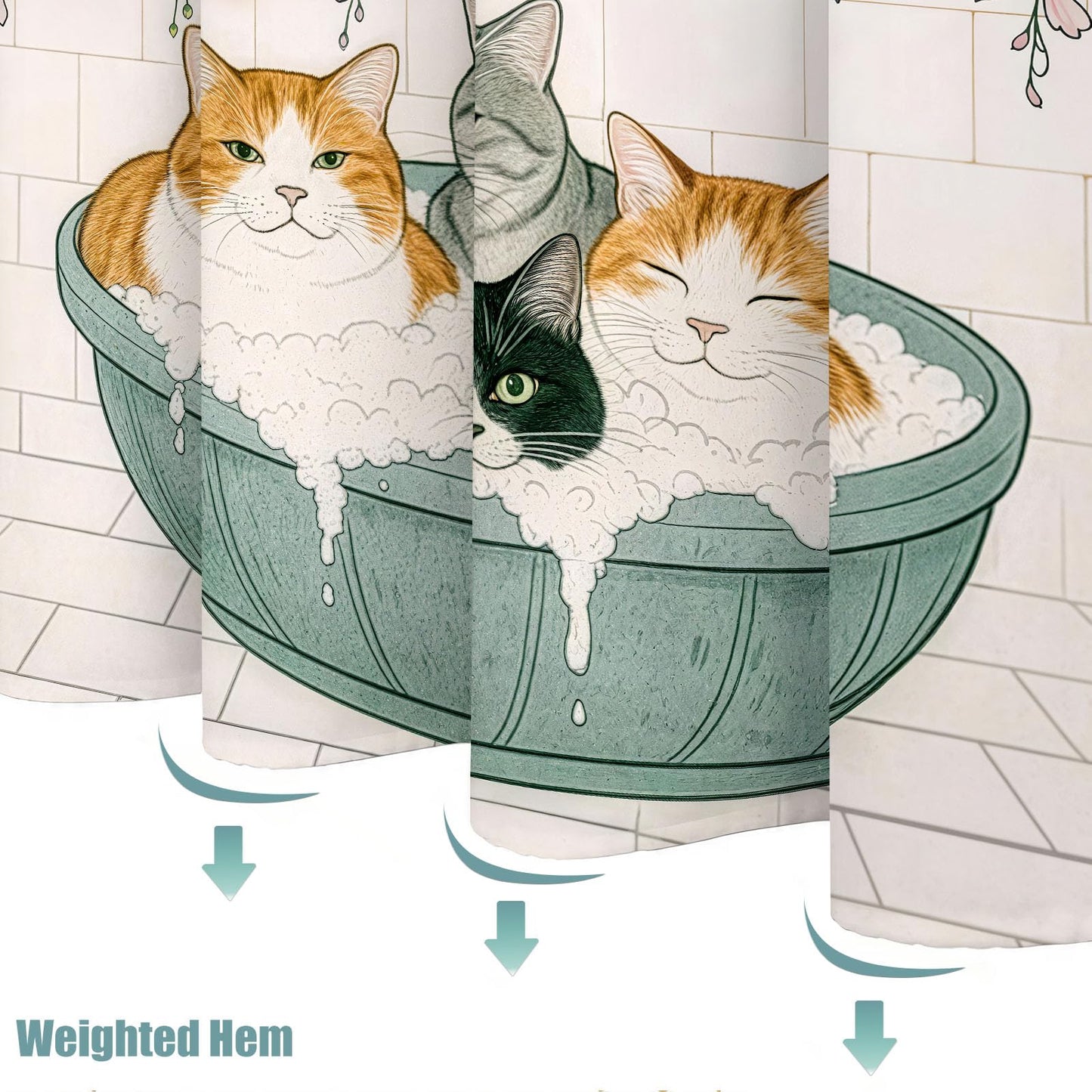 Kanuyee Adorable Cats Shower Curtain Set Cozy Plant Pot Design Waterproof Bathroom Shower Curtain Cute Feline Group Print Charming Home Decor 72x72 Inch