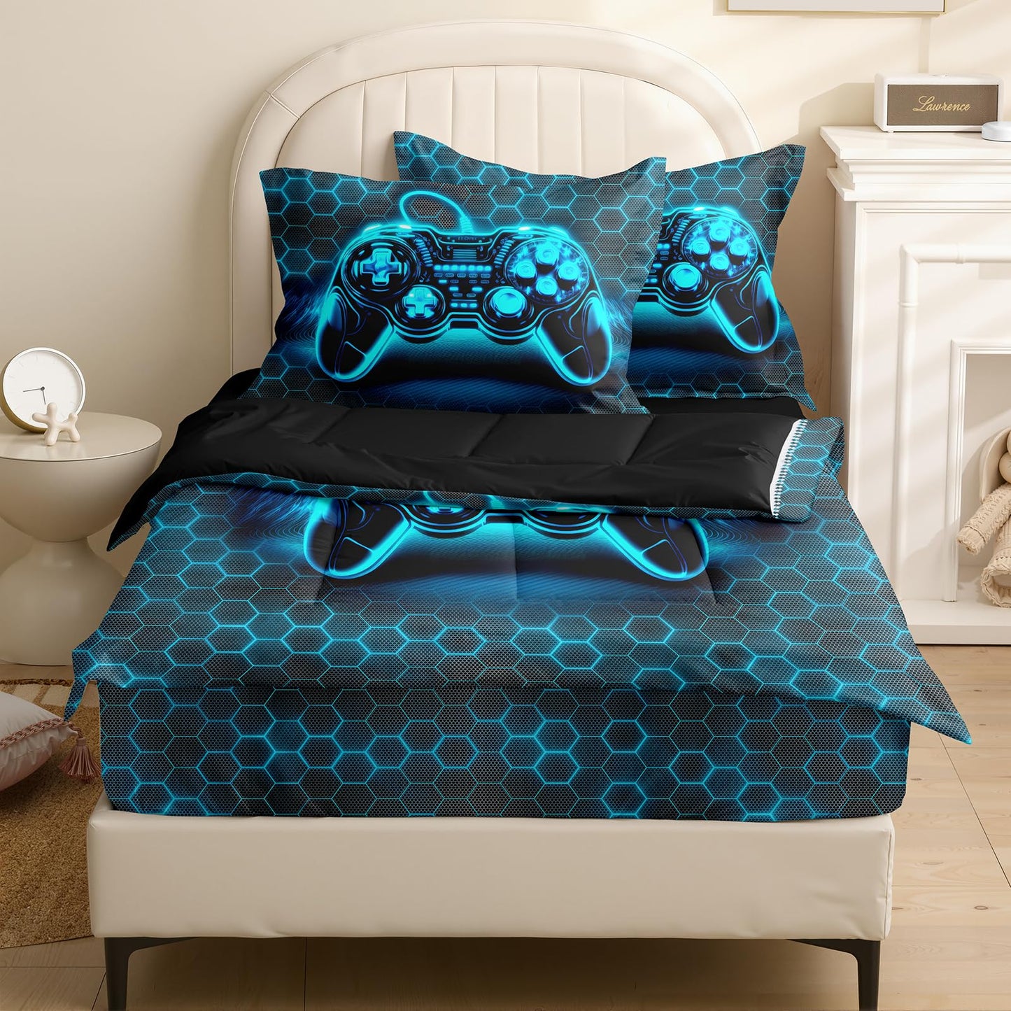 Yadangxiawa Kids Comforter Set,Zipper Bedding Twin for Teen,Gaming Printed Comforter Set with Fitted Sheets and Pillowcases for All Season(Honeycomb Gamepad Twin)