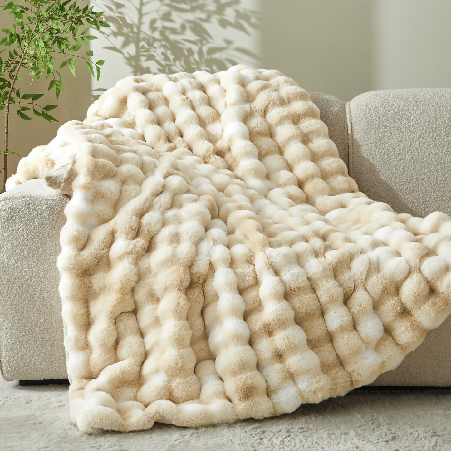 BEDELITE Faux Fur Throw Blanket for Couch, Decorative Tie-Dye Khaki Plush Bubble Blanket - Super Soft & Cozy Fluffy Faux Rabbit Fur Blanket for Women Gift, 50x60 Inches