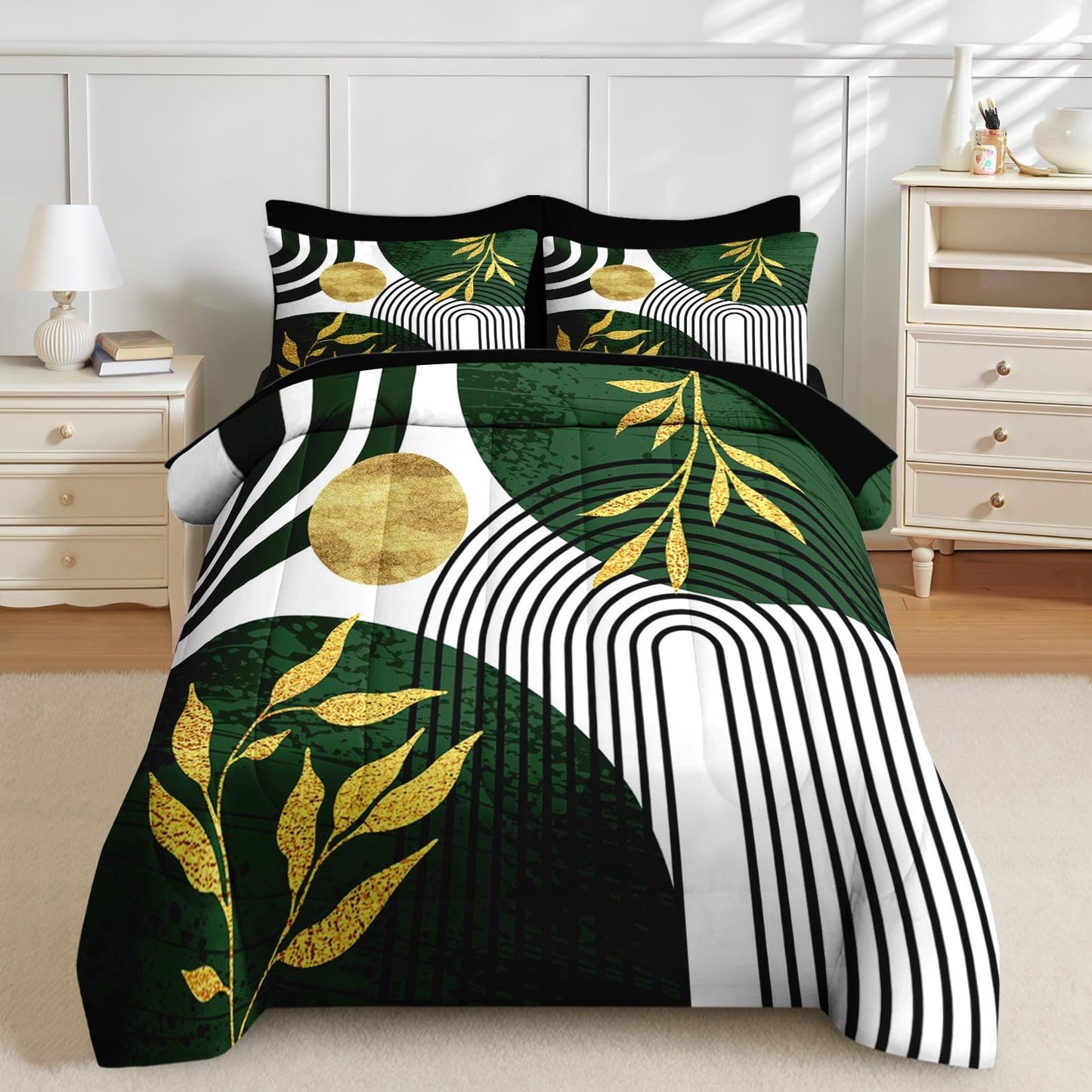 Nesker Comforter Set King Size, Green Boho Golden Leaves 7 Pcs Bedding for Kids and Adults, Mid Century Abstract Bed Sheet Sets with Fitted Sheet 2 Pillowcases & 2 Shams