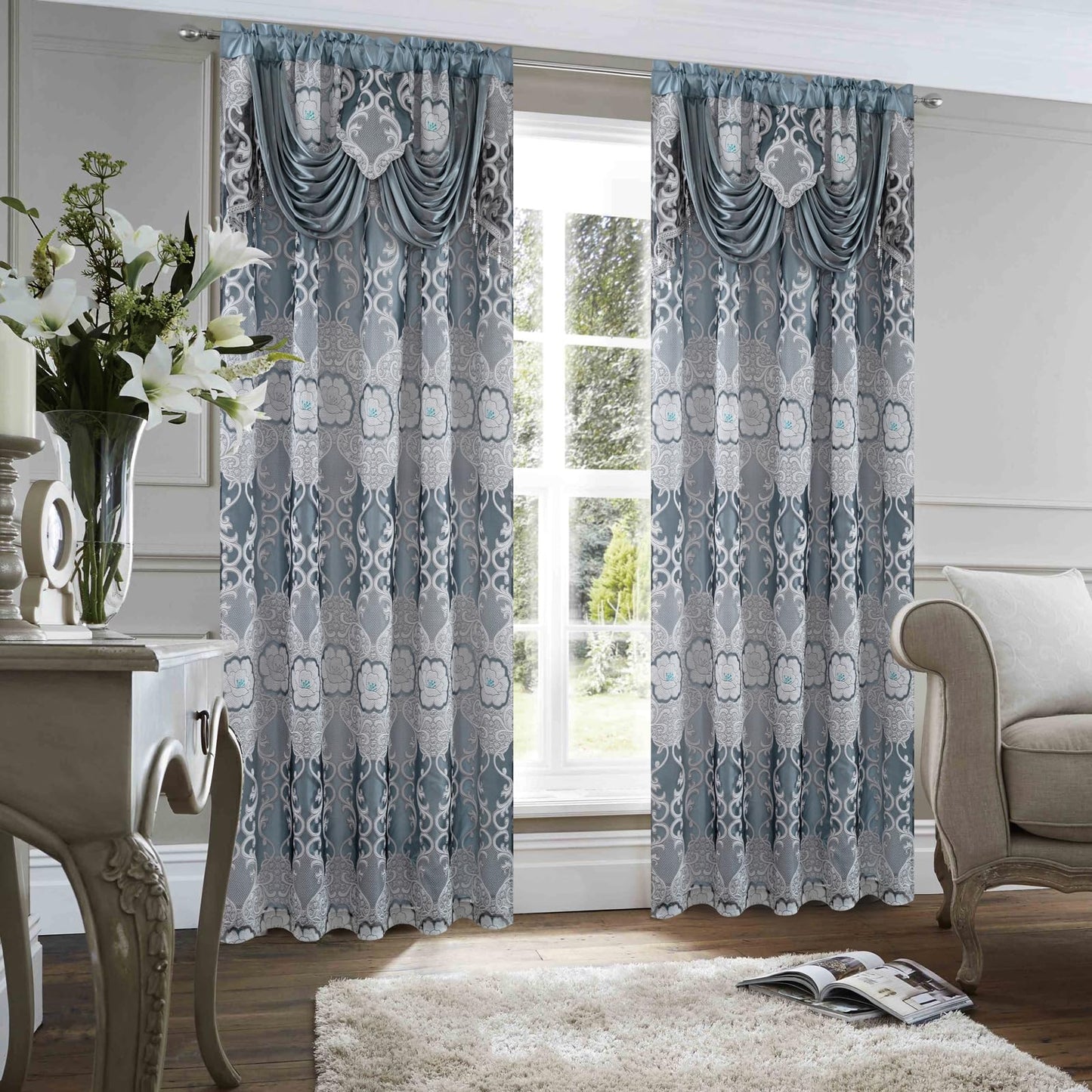 Petrichor Gray Sheer Jacquard Voile Curtains (54" W x 84" L), 2 Panels with Attached Valance, Double Layer Floral Cutwork Design with Luxurious Texture, Rod Pocket, for Bedroom & Living Room