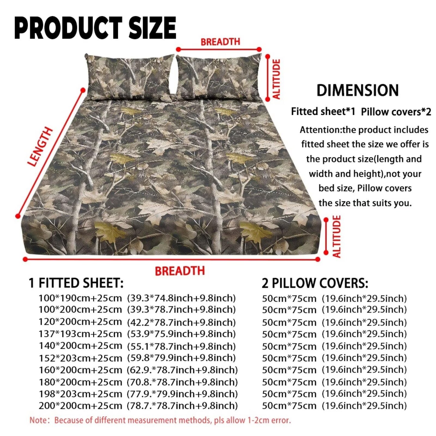 ZDCUSTOM XL Size Sheet Set Stretchy Fitted Bed Sheet Comfy Fade Resistant Bedsheet & Pillowcases with All Around Elastic Stay in Place for Bedroom Decor Branch Leaf Camo, 39" x 79"