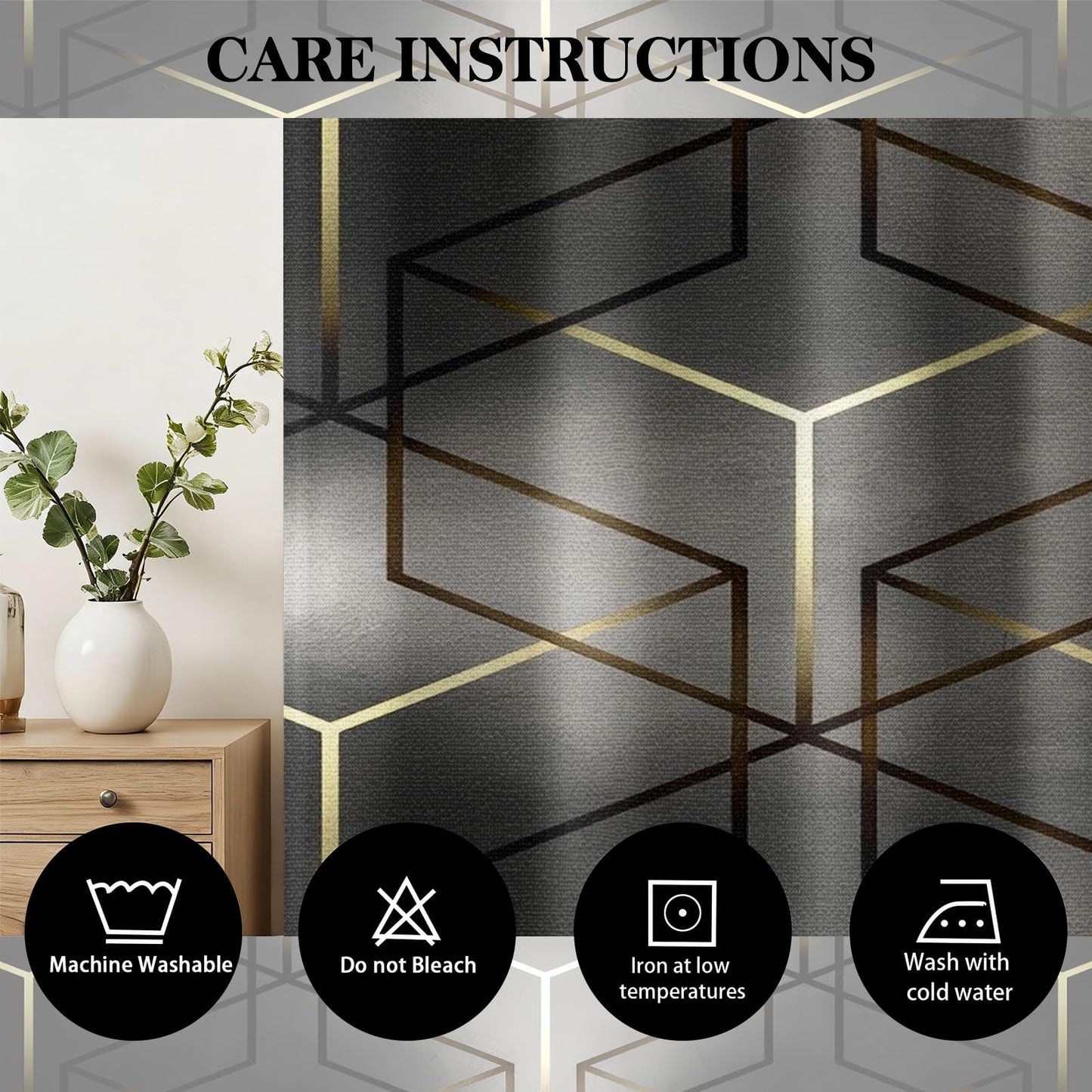 MBVZGUK Geometric Grey Room Darkening Curtains 84 Inch Long 2 Panels, Abstract Geometry Gold Foil Metallic Print Grommet Curtains & Drapes for Bedroom, Diamond Hexagon Window Treatments
