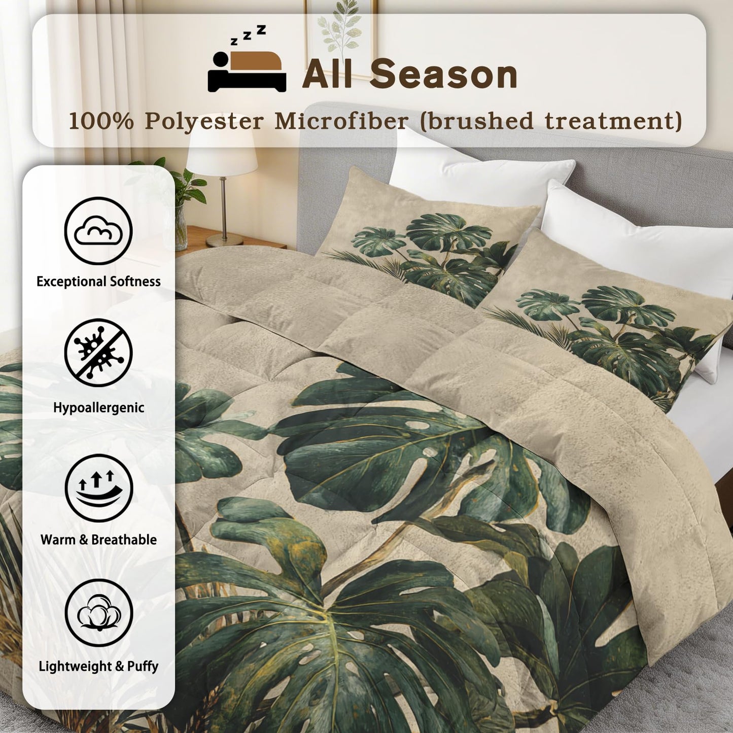Tropical Leaves Comforter Set King Size 3Pc, Monstera Leaf Pattern Down Alternative Bed Comforter, 2 Pillow Shams, Soft All Season Bedding, Tropical Leaves Bedroom Decor AF3793