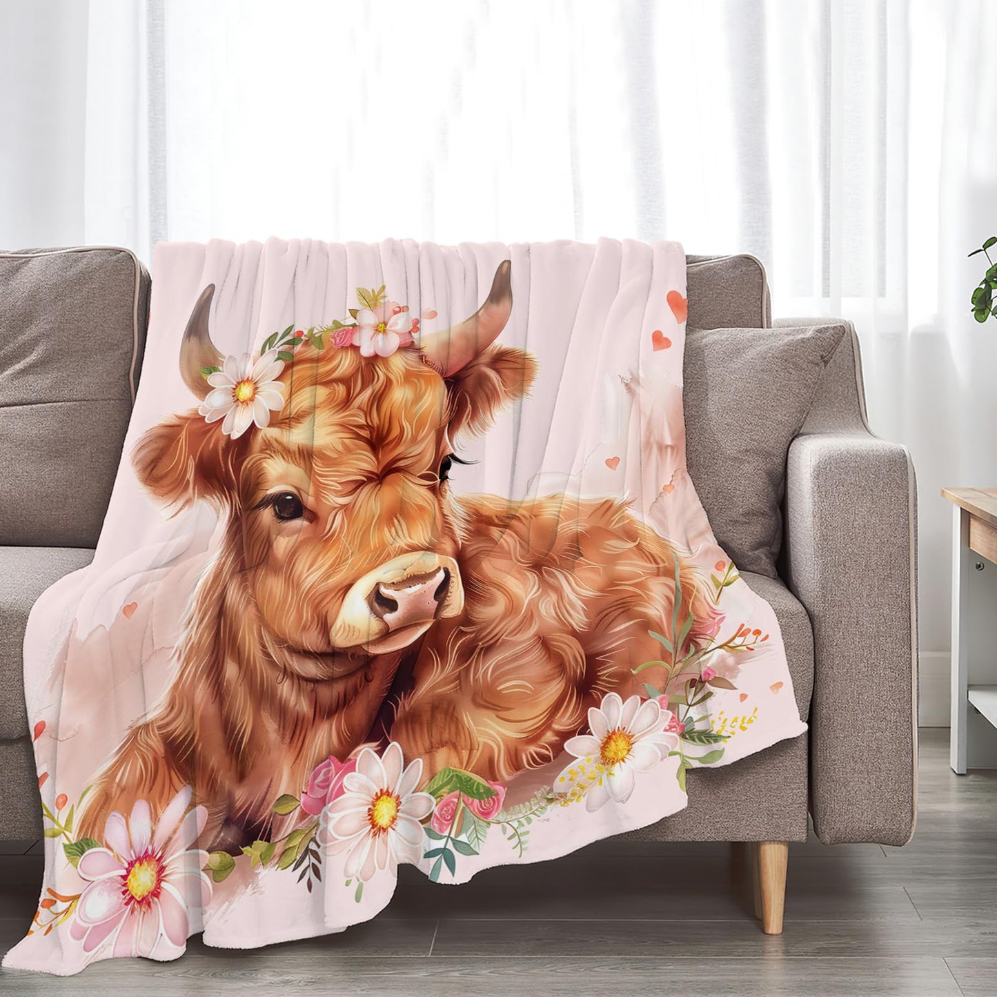 Tijuboni Pink Cow Throw Blanket Highland Cow Gifts for Girls Women Boys Men Kids Adults Soft Flannel Fleece Blanket for Couch Sofa Bed Home Decor 40"x50"