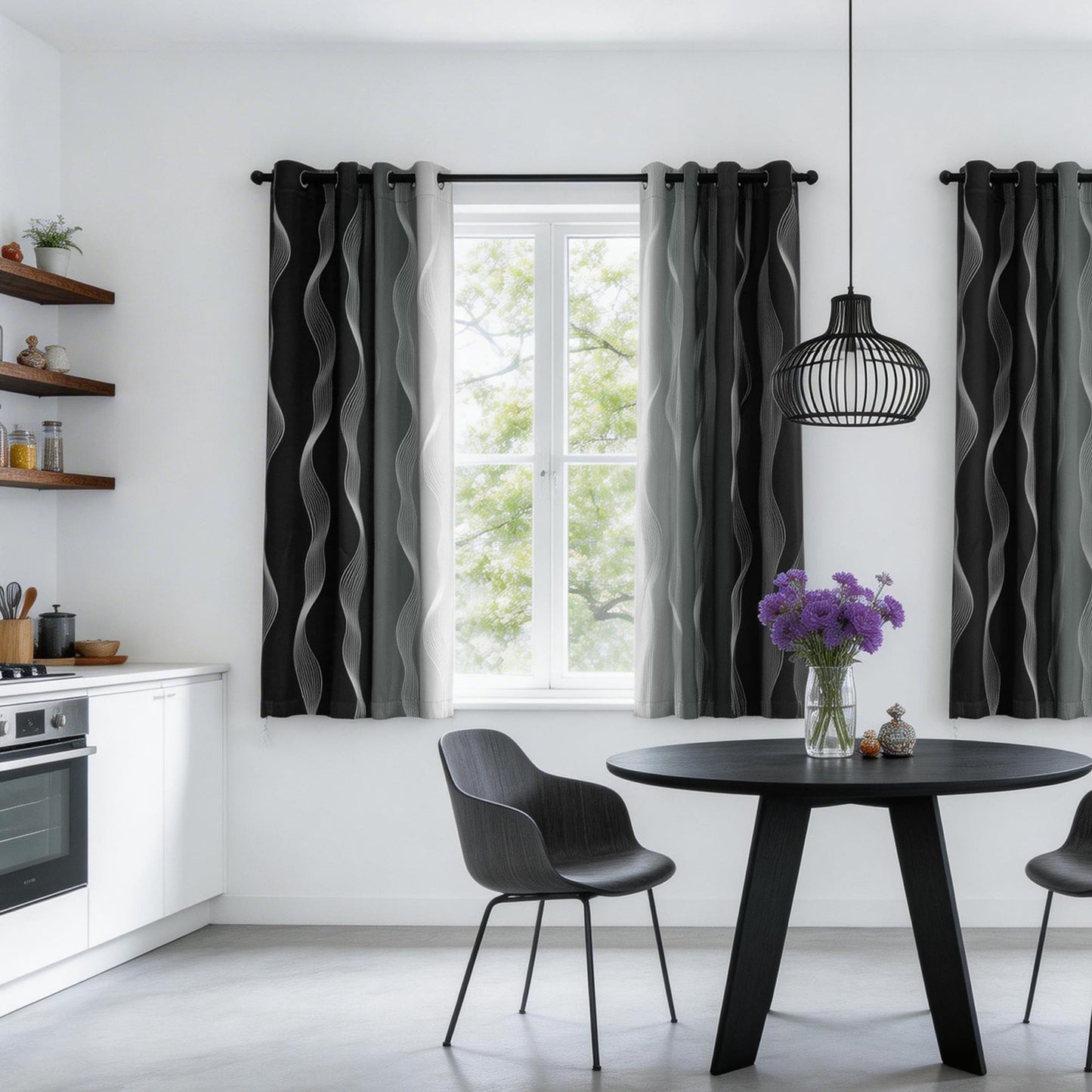 MYSKY HOME Black and Greyish White 95% Blackout Ombre Patterned Curtains 63 inch Length 2 Panels for Bedroom Thermal Insulated Energy Saving Wave Line Foil Print Design Grommet Drapes, 52" W