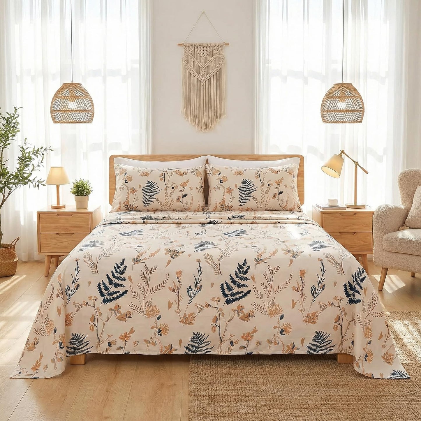 JSD Boho Floral Printed Sheet Set Queen Size 4 Piece, Soft Botanical Pattern Microfiber Sheets Extra Deep Pocket