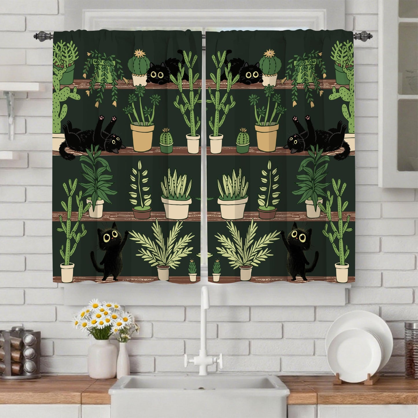 Worltoldb Black Cat Cactus Kitchen Curtains Cafe Curtains for Bathroom Dining Room Living Room Pocket Window Drapes 2 Panels Set 28"x36"