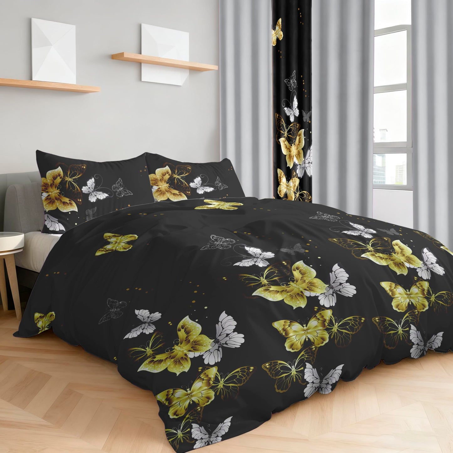 Deepsleep King Bedspread Set 9 Pieces, All Season Luxury Bed in a Bag for Bedroom, with 2 Pillowcases and 6 Curtains, Ultra-Soft Microfiber for Complete Bedroom Decor, Black Gold Butterfly