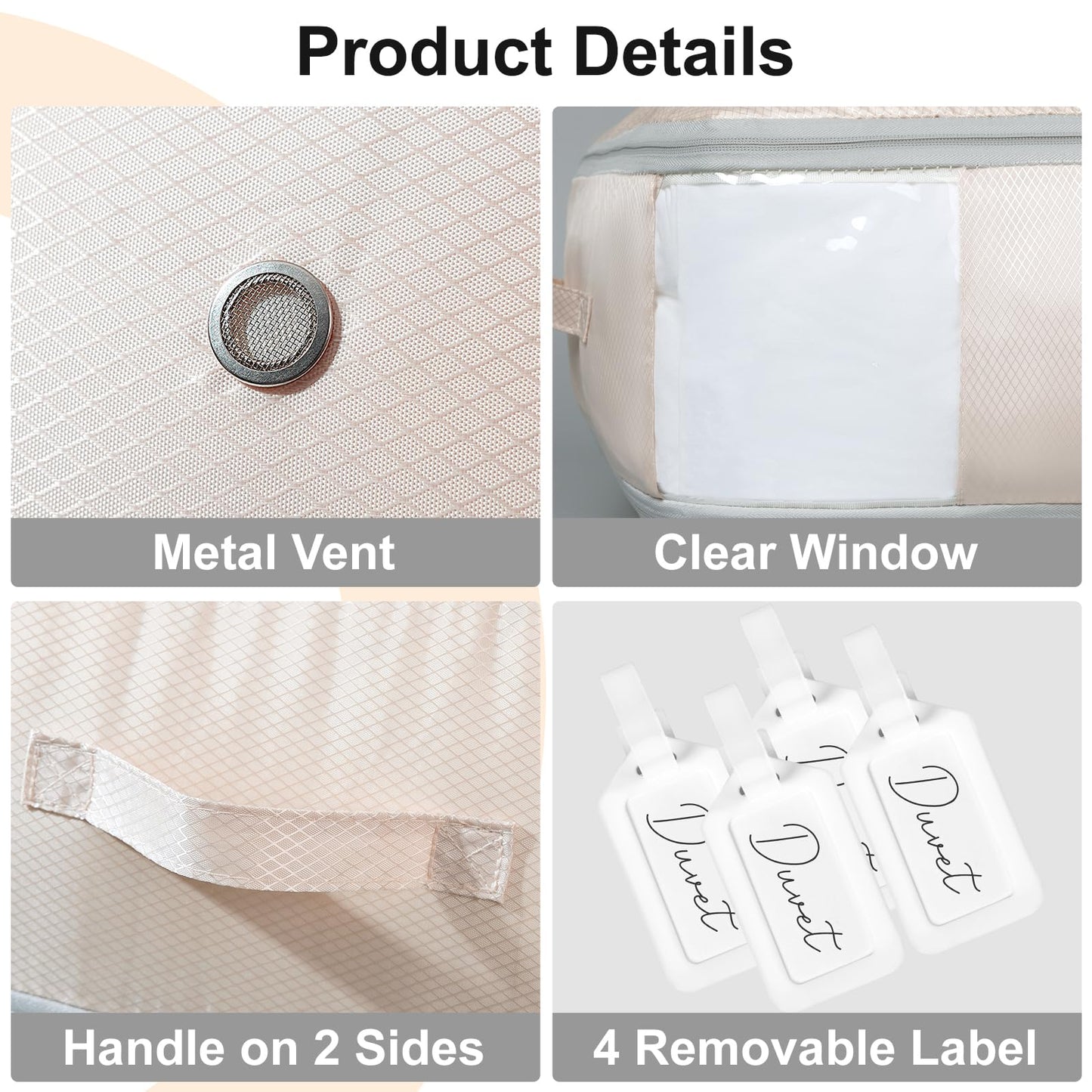 DIMJ Comforter Storage Bag - Large Capacity Ultra Space Saving Self Compression Organize for Duvet, Pillow, Bedding, Blanket Storage Organizer Nylon Compression Bags, Sheet Storage, Beige, 4 Pack