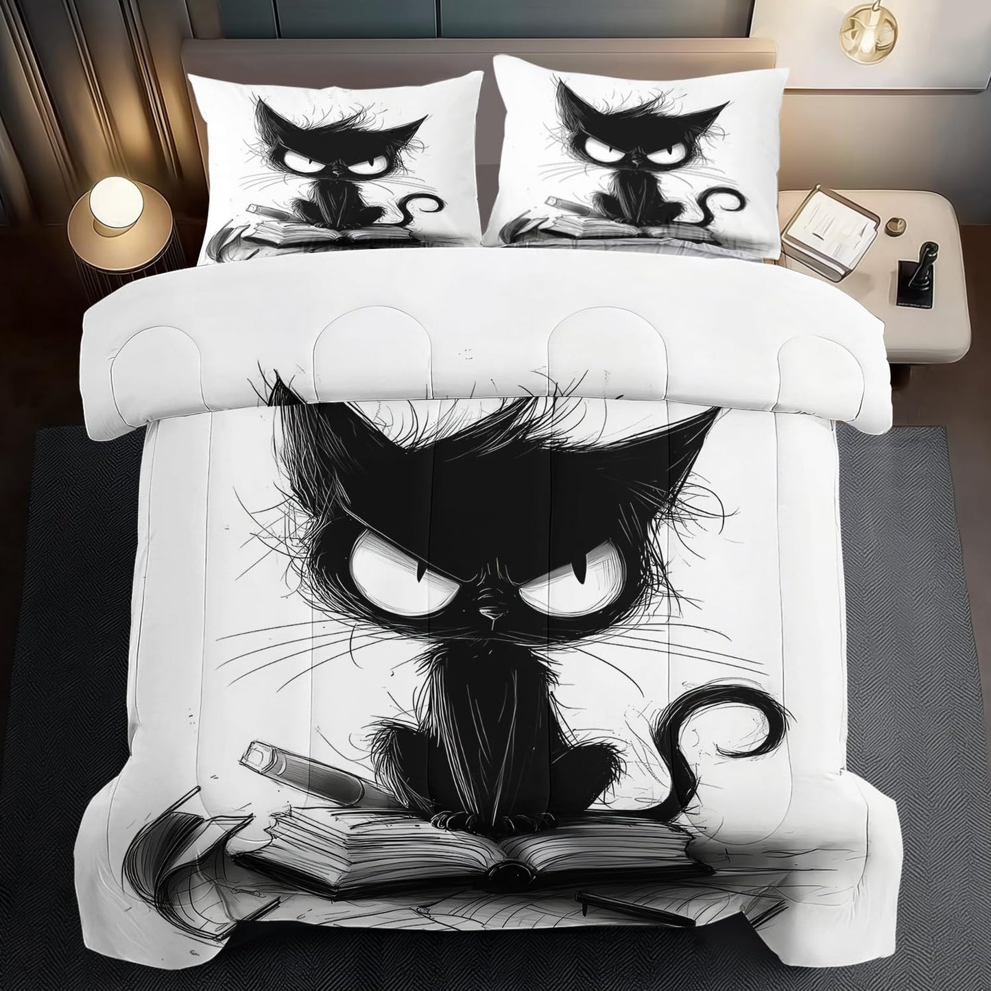 llyxsesty Cute Black Cat Comforter Set Full Size Cute Pet Bedding Set Boys Girls White and Black Comforter Cartoon Cat Quilt Animal Bedroom Decor Kawaii Animal Print Bedding Boys Kids