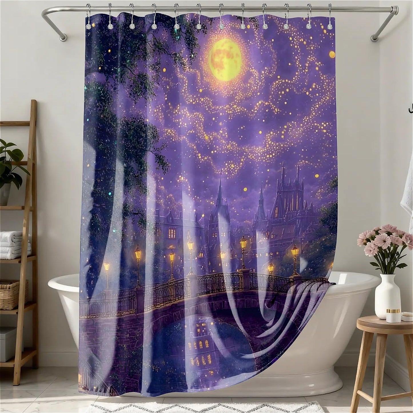 TANGXUNFA Purple Nighttime Landscape Shower Curtain for Bathroom, Water-Resistant Long Shower Curtain Set 72x72 Inch with Metal Grommets and 12 Metal Hooks