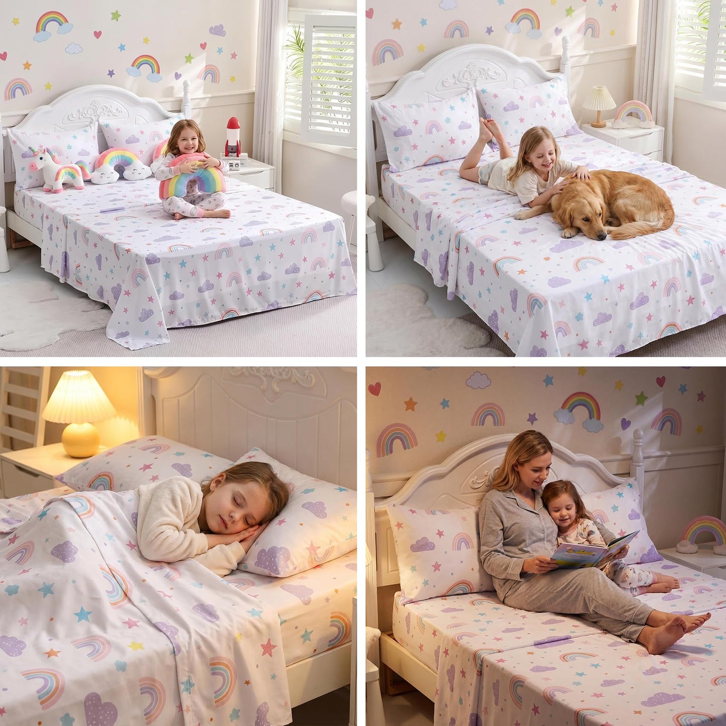 Ocharo Full Size Rainbow Bed Sheets for Girls Kids- Soft Microfiber Stars Printed Sheet Set 4 Pieces with Deep Pockets,Breathable & Fade Resistant Purple Pink Clouds Bedding Set