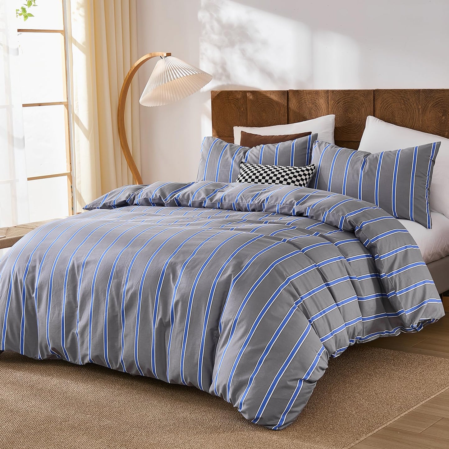 Merryword 100% Cotton Comforter Set King Size - Blue and Gray Striped Comforter with 2 Pillowcases, Luxury & Silky Soft Comforter Set for All Seasons
