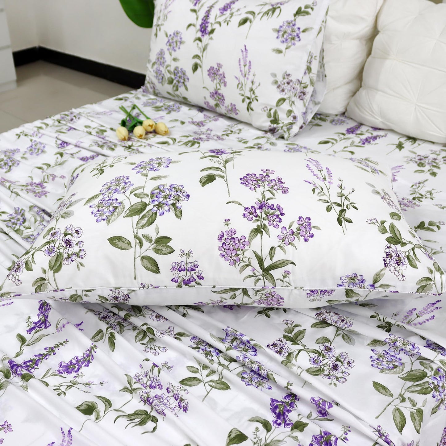 Helthep Floral Sheet Set King Size 100% Cotton Purple Floral Pattern Sheets Botanical Shabby Printed Bed Sheets Set Luxury Percale Warm 17.5" Deep Pocket Ultra Soft and Beathable, 4Pcs