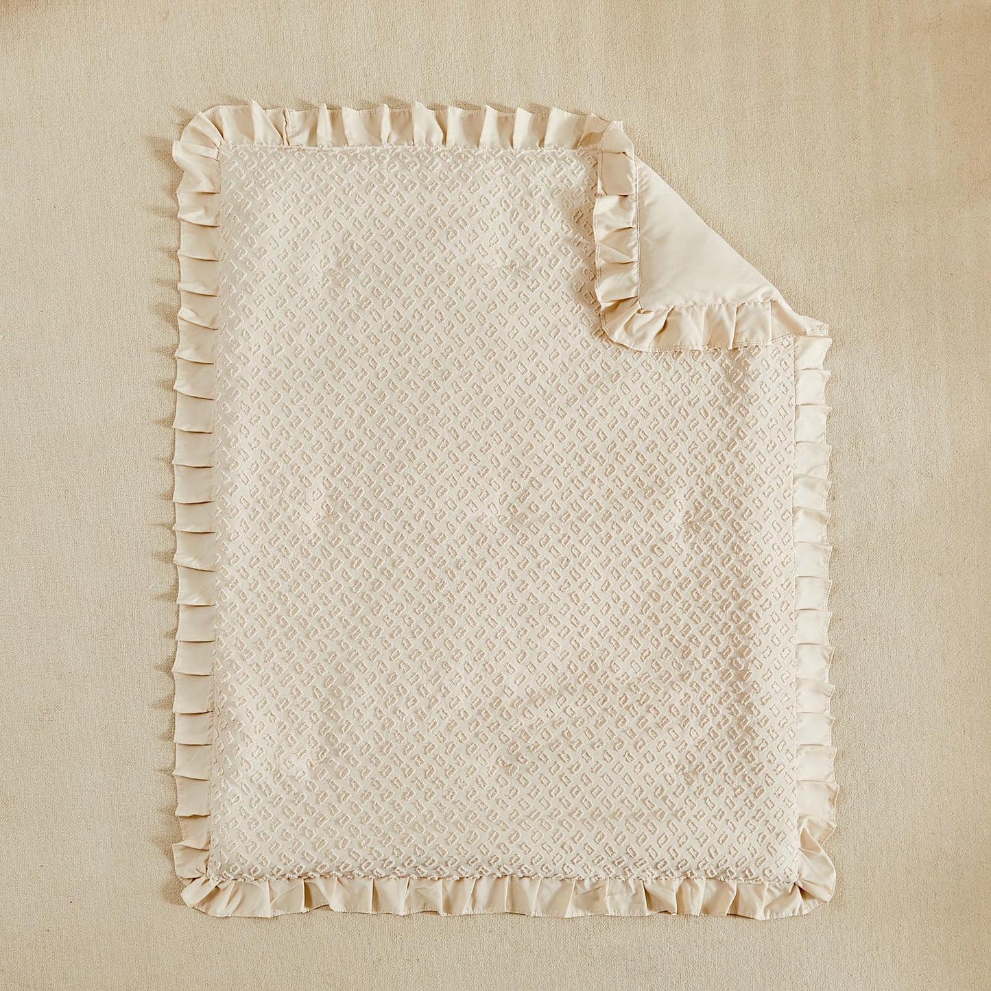 3 Pieces Tufted Crib Bedding Set with Ruffle Fringe, Beige Ruffled Comforter with Fitted Sheet and Bed Skirt , Soft and Embroidery Shabby Chic Boho Bohemian Jacquard Design for Baby Girls Boys