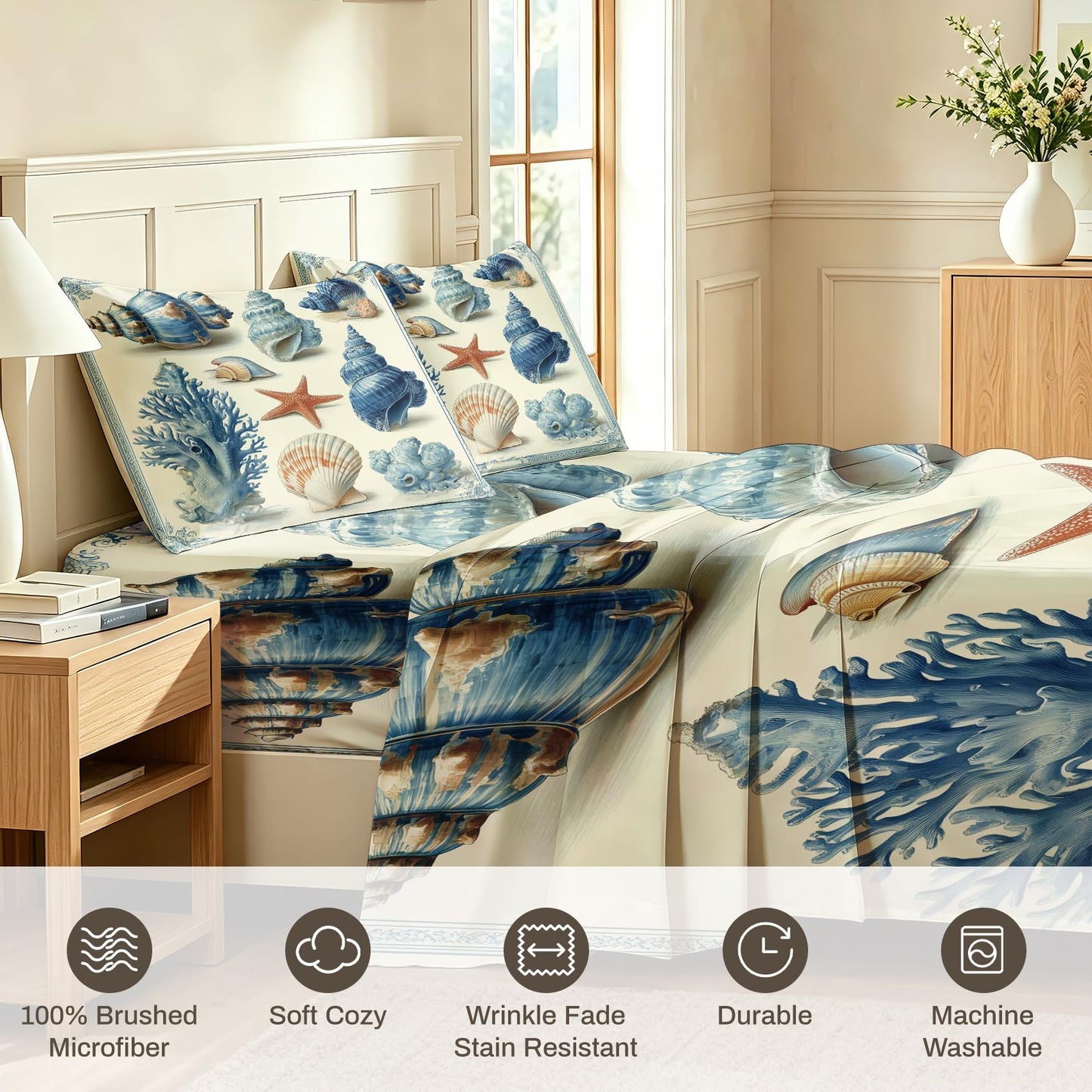 Seashell Bedding Set 4 Pcs Blue and White Coastal Queen Sheets