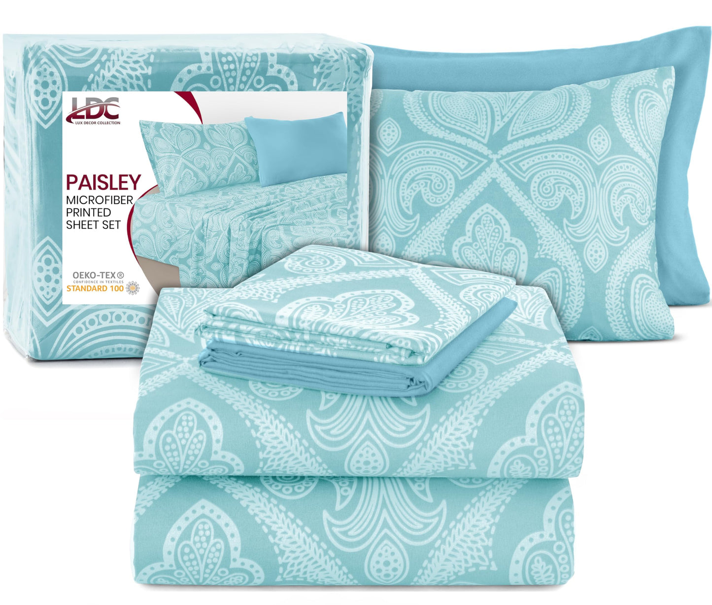 Ultra Soft Wrinkle-Free Microfiber Paisley King Sheet Set, Cute Floral Pattern Boho Print – 16" Deep Pocket Fitted Sheet, Flat Sheet & 4 Pillowcases, Breathable, OEKO-TEX - Blue