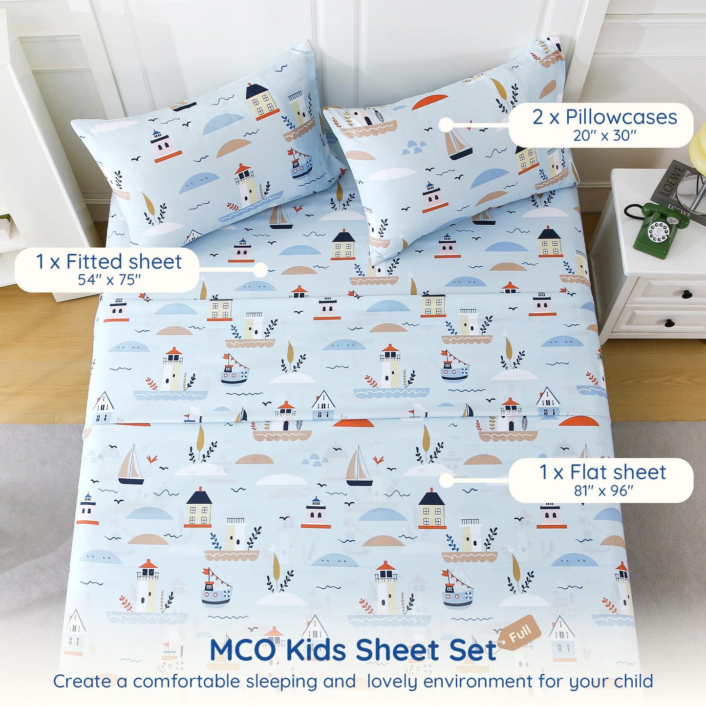 MCO Sailboat Kids Full Size Bed Sheets, Soft Microfiber Full Size Sheets for Boy Girls, 4 Pieces Breathable Full Bed Sheet Lighthouse