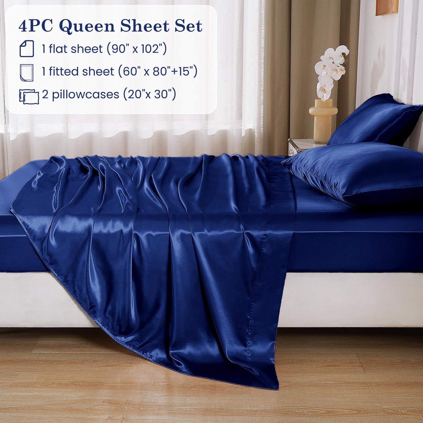 lasoftan Silk Satin Sheets Queen, Silky Fitted Bed Sheets with 15" Deep Pocket and Non-Slip Corner Straps, Luxury Hotel Satin Bed Sheets, Navy Blue Cooling Sheets & Pillowcase Set