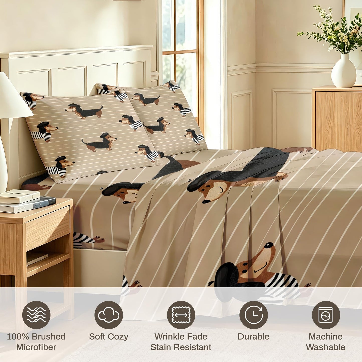 Dachshund King Sheet Set Boys Puppy Flat Fitted Sheet Sets, Cream