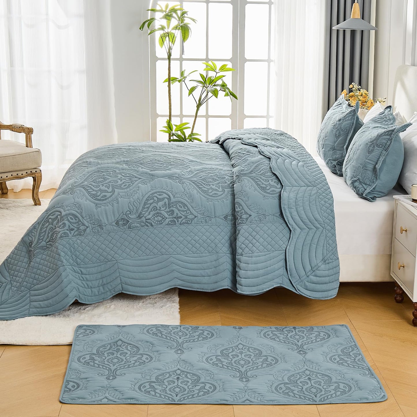 DaisyHuang Oversized Bedspread Coverlet Set Queen Size - Lightweight Bedding Cover - Beautiful Stitching - 4 Piece Reversible Bedspread, Dusty Blue